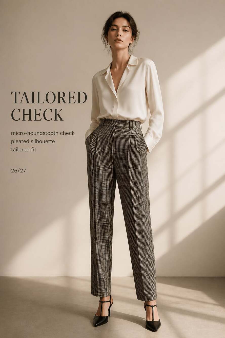 Vintage Jaeger Black and White Check Pleated Wool Trousers Made in Great Britain